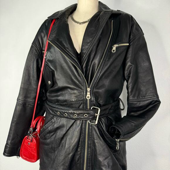 Vintage 80s 90s Leather Biker Jacket Belt Zipper Size Medium - Picture 1 of 12